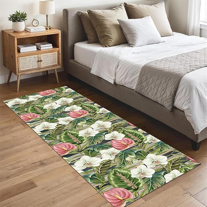 Runner Rug 2.6x7ft Non-Slip - Tropical Floral Watercolor Boho with Orchids & Leaves - Washable Entryway Carpet for Hallway, Bedroom, Dining Room - Green Pink Design