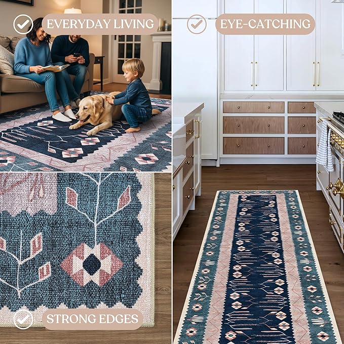 Washable Area Rug. Modern Farmhouse. Vintage. Turkish. Bohemian. Distressed. Oriental. Traditional. Rugs for Living Room. Dining. Bedroom. Office. Entryway. Foyer. (862CN, 2'5 x 9'8)