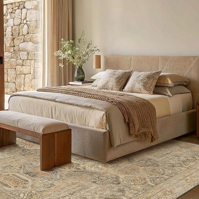 Bavni Washable Rug 5x7 Area Rug for Living Room Bedroom Dining, Washable Vintage Print Carpet, Ultra-Thin Chenille Low Pile Lightweight Rug with Non Slip Backing, Wood
