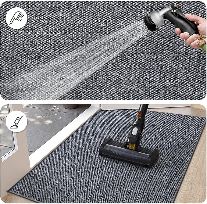 LUMI Ultra Thin Indoor Door Mat for Entrance 36"x56", Non Slip Entryway Mat, Low Profile Doormat, Unique Herringbone Design Carpet for Inside, Patio, Porch, Medium Gray