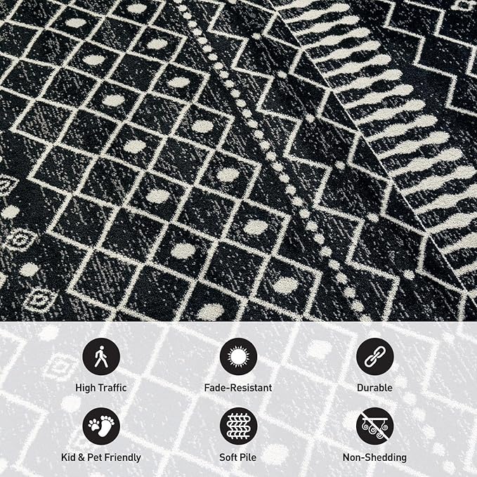 Rugshop Boho Black and White Tribal Area Rug – Geometric Diamond and Stripe Pattern Carpet for Living Room, Bedroom, or Entryway – Soft Modern Bohemian Floor Décor 7' 10" x 10' Black