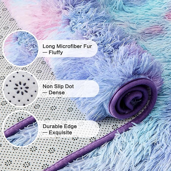 Andency Soft Area Rugs for Living Room Bedroom, 5x8 Fluffy Shaggy Bedside Rug, Non-Slip Large Shag Fuzzy Plush Carpets for Bedroom Kids Dorm Nursery Home Decor Aesthetic, Tie-Dyed Unicorn Rainbow