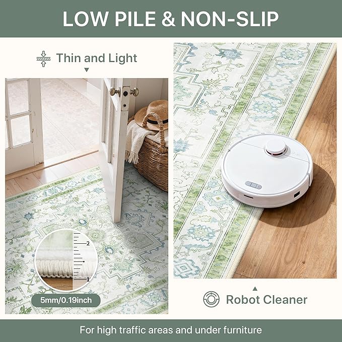 Runner Rug 2'6''x6 Non Slip Machine Washable Vintage Hallway Runner Rug, Low PileLight Weight Rugs for Entryway, Hallway, Kitchen and Corridor, Cream Green