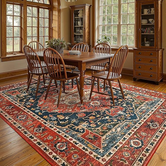 YJ.GWL Area Rugs for Living Room 9x12 Machine Washable Rugs, Non Slip Floral Vintage Rug Indoor Carpet, Stain Resistant Large Rug for Bedroom Dining Room, Orange-Red
