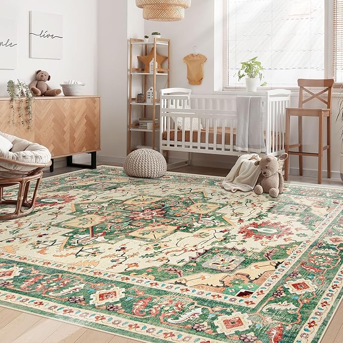 Area Rug 5x7 Washable Rug, Vintage Boho Medallion Rugs Non-Slip Soft Low Pile Large Distressed Rug Indoor Retro Carpet for Living Room Bedroom Dining Room Home Office (Green Beige, 5'x7')