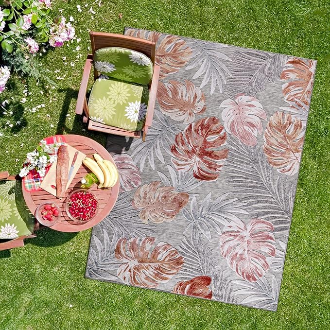 CAMILSON Indoor Outdoor Rug, Multi 5x7 Leaf Tropical Botanical Area Rugs for Indoor and Outdoor patios, Easy-Cleaning Non-Shedding Living Room, Garden and Kitchen Washable Outside Carpet (5 x 7)