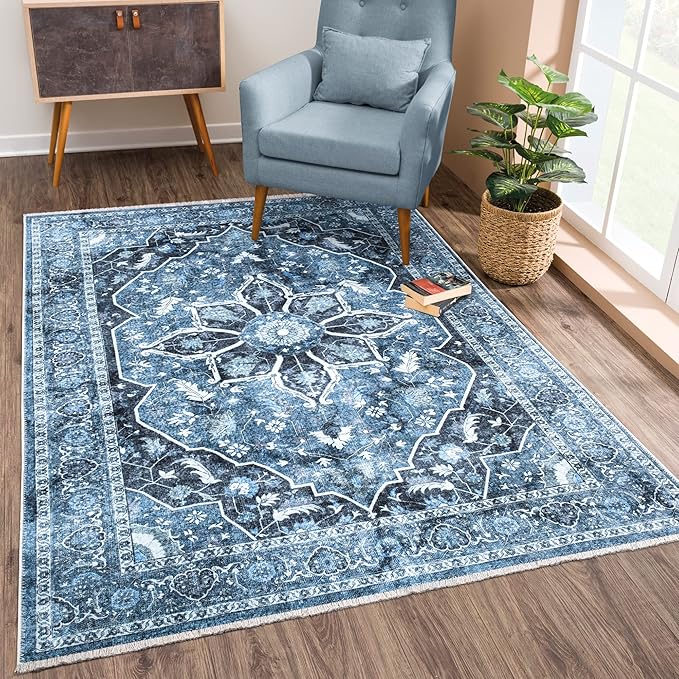 Bloom Rugs Caria Washable Non-Slip 3x5 Rug - Blue/Charcoal Traditional Area Rug for Living Room, Bedroom, Dining Room, and Kitchen - Exact Size: 3' x 5'