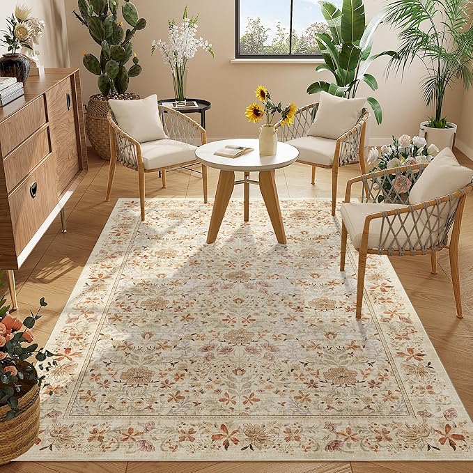 DUKINO 3x5 Area Rug, Vintage Floral Washable Rug for Bedroom with Non Slip Design, Soft Low Pile Indoor Small Carpet for Bedroom, Farmhouse, Living Room, Office, Bathroom, Beige