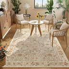DUKINO 3x5 Area Rug, Vintage Floral Washable Rug for Bedroom with Non Slip Design, Soft Low Pile Indoor Small Carpet for Bedroom, Farmhouse, Living Room, Office, Bathroom, Beige