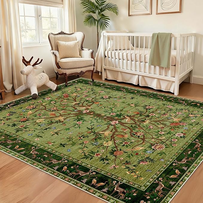 Green Rugs for Living Room 5x7 Area Rugs, Machine Washable Non-Slip Carpet, Boho Floral Low Pile Throw Rugs for Bedroom, Dining Room, Office, Nursery, Vintage Home Decor