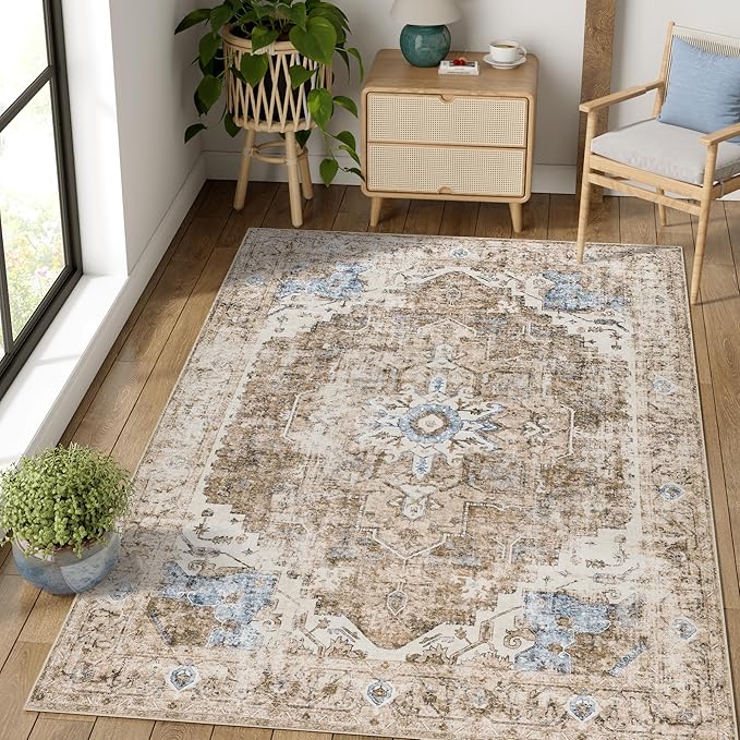 jinchan Kelda Area Rug 5x7 Washable Bedroom Rug Vintage Soft Indoor Floor Cover Retro Distressed Mat Accent Lightweight Non-Slip Thin Carpet for Kitchen Bathroom Living Room Brick Red