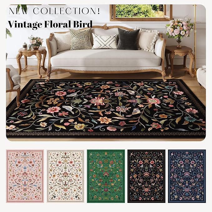 Vintage Medallion Floral Indoor Door Mat 2x3, Machine Washable Entryway Rug, Low Pile Soft Small Carpet, Non-Slip Area Rug for Entrance, Bedroom, Kitchen & Kids Room | Black