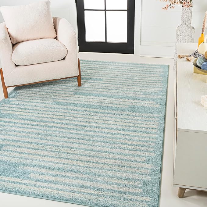 JONATHAN Y Khalil Modern Berber Stripe Turquoise/Cream Indoor Area Rug, 4x6, Contemporary, Bohemian, Easy-Cleaning for Living Room, Bedroom, Kitchen, Pet Friendly, Non-Shedding (MOH207D-4)