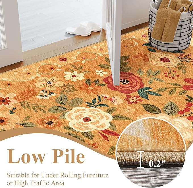 DUKINO Floral Round Rug, 6ft Washable Circle Rug, Non Slip Indoor Low Pile Circle Rug, Soft Small Boho Design Carpet for Bedroom, Entryway, Living Room, Dining Room, Orange