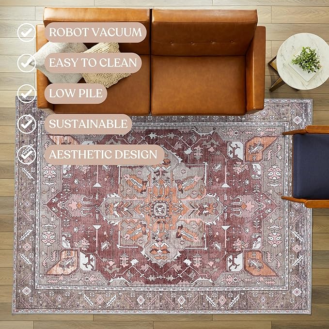 Washable Area Rug. Modern Farmhouse. Vintage. Turkish. Bohemian. Distressed. Oriental. Traditional. Rugs for Living Room. Dining. Bedroom. Office. Entryway. Foyer. (857RB, 7'5" x 9'8")