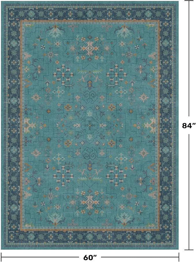 5x7 Teal Rug for Living Room, Boho Turquoise Rugs for Bedroom, Modern Eclectic Low-Pile Carpet for Dining Table, Washable Non-Slip with Rubber Back