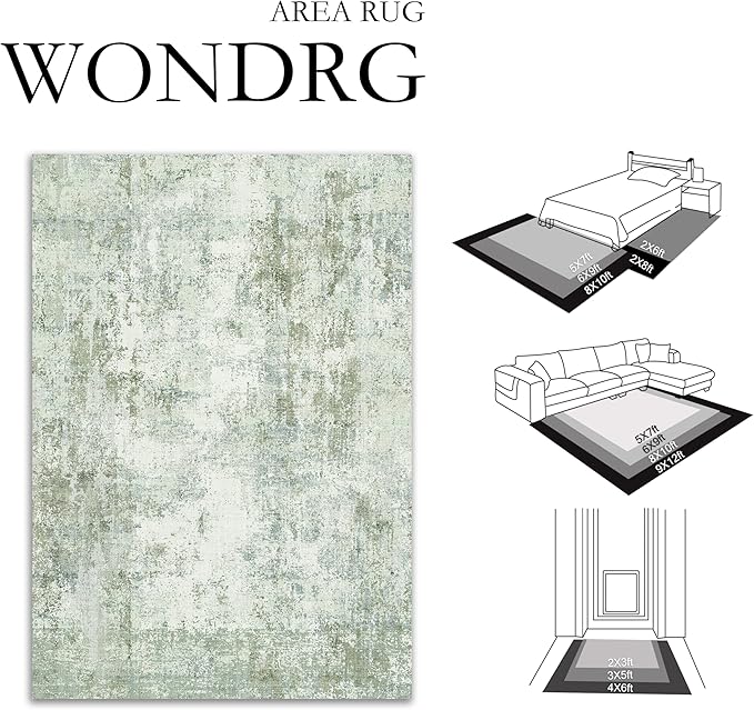 8x10 Washable Area Rug Sage Green Abstract Living Room Bedroom Carpet Neutral Modern Non-Slip Soft Low Pile Lightweight Vacuumable Large Throw Rug for Dining Room
