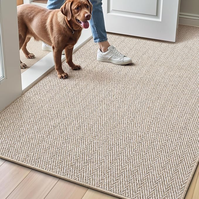 LUMI Ultra Thin Indoor Door Mat for Entrance 48"x72", Non Slip Entryway Mat, Low Profile Doormat, Unique Herringbone Design Carpet for Inside, Patio, Porch, Beige