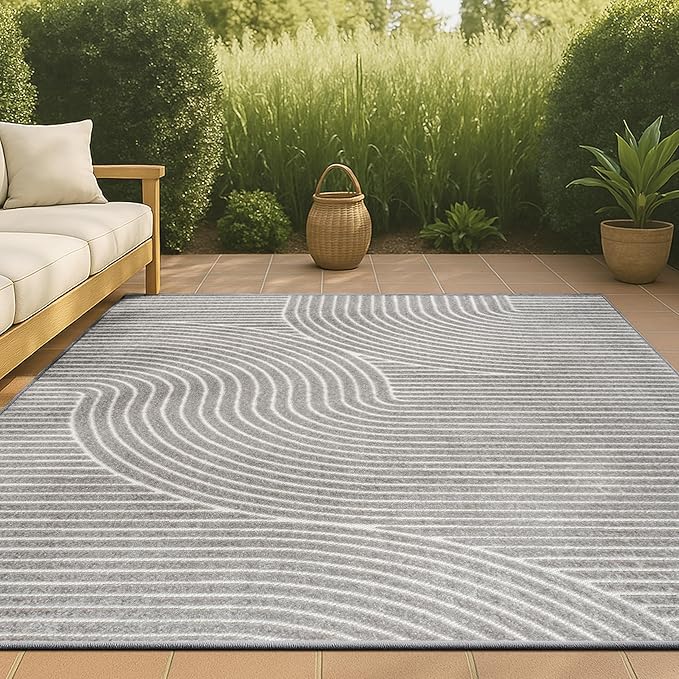 JONATHAN Y Hallie High-Low Curve Gray/Ivory Indoor/Outdoor Area Rug, 4x6, Minimalist, Pet Friendly, Non-Shedding, Stain Resistant, Hose-Washable for Backyard, Patio, Porch (SCN100A-4)