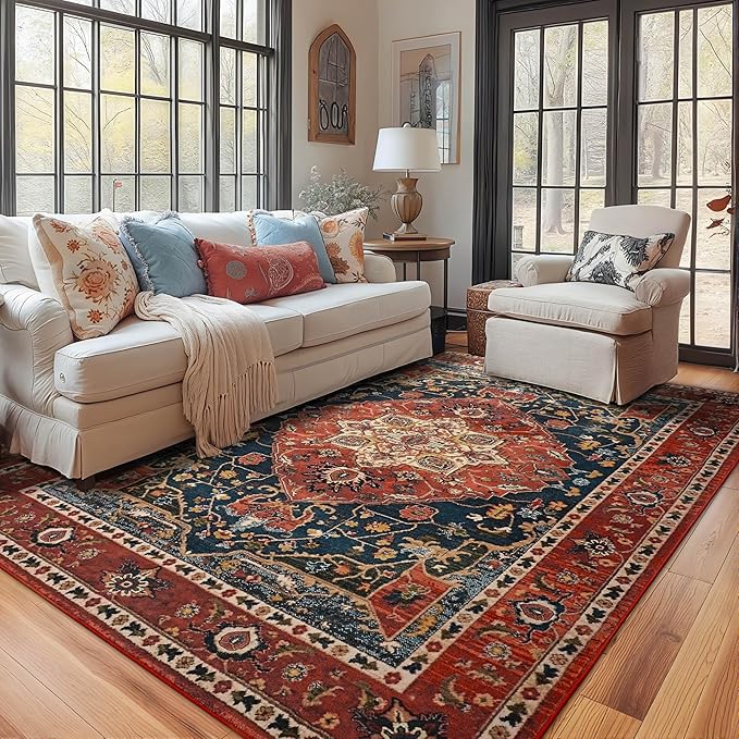 YJ.GWL Area Rugs for Living Room 5x7 Machine Washable Rugs, Non Slip Floral Vintage Rug Indoor Carpet, Stain Resistant Large Rug for Bedroom Dining Room, Orange-Red