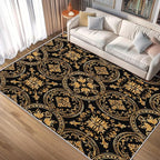 Black Gold Baroque Rug, Washable 6x9 Rug for Living Room, Floral Geometric Patterned Indoor Carpet, Black Gold Baroque Decor for Home, Bedroom, Soft Non Slip Thin Design FER71