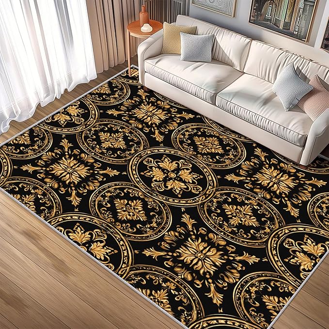 Black Gold Baroque Rug, Washable 3x4 Rug for Living Room, Floral Geometric Patterned Indoor Carpet, Black Gold Baroque Decor for Home, Bedroom, Soft Non Slip Thin Design FER63