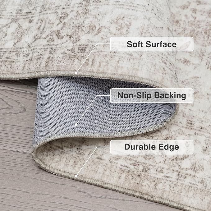 Fmfunctex 2x5 Washable Runner Rug Beige Vintage Neutral Distressed Non Slip Low Pile Indoor Carpet Soft Retro Floral Hallway Entryway Rug for Kitchen Living Room Bedroom Bathroom Laundry Entry Bedside