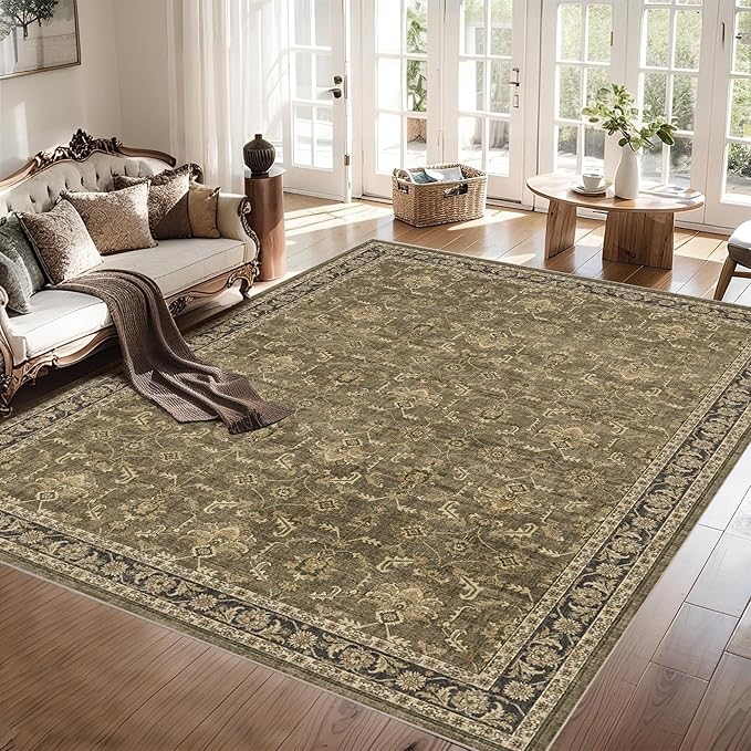 Washable Area Rug 9x12 Brown Rugs for Living Room, Vintage Boho Large Rug for Bedroom Dining Room Office, Distressed Floral Print Carpet for Under Table, Soft Non Slip Low Pile Throw Carpet Indoor Mat
