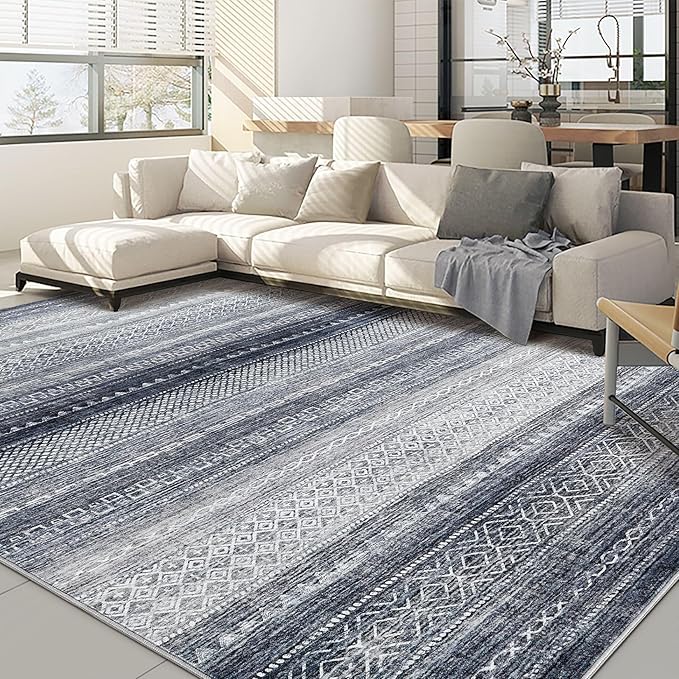 Nakagishi Area Rug Living Room Rugs: 7x9 Machine Washable Boho Large Neutral Farmhouse Stain Resistant Moroccan Indoor Floor Carpet for Bedroom Nursery Dorm Classroom Dining Room Home-Blue