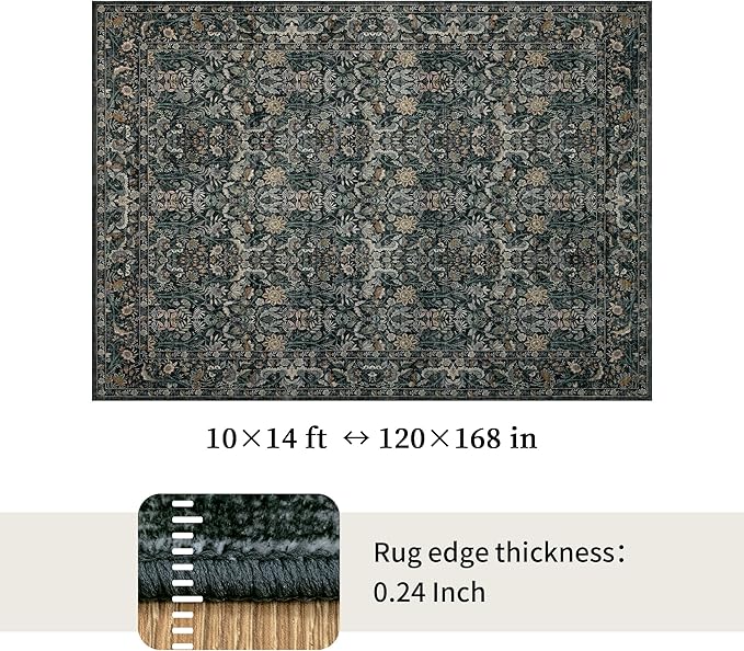 Washable Living Room Rug: 10x14 Boho Floral Soft Area Rug for Bedroom Decor - Vintage Low Pile Thin Carpet for Dining Room Non-Slip - Farmhouse Stain Resistant Rugs - Dark Green