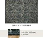 Washable Living Room Rug: 10x14 Boho Floral Soft Area Rug for Bedroom Decor - Vintage Low Pile Thin Carpet for Dining Room Non-Slip - Farmhouse Stain Resistant Rugs - Dark Green