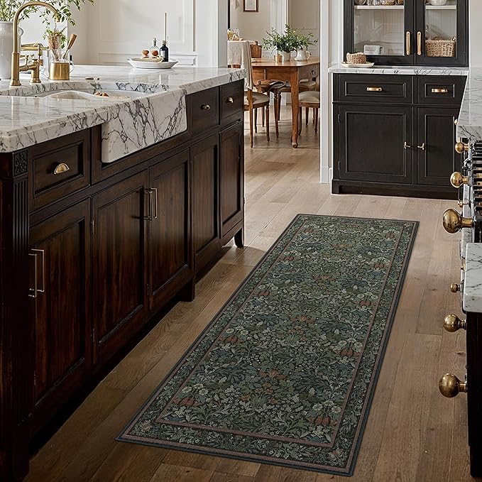 Bavni Boho Floral Kitchen Runner Rug 2x6, Washable Non Slip Thin Carpet for Hallway Bathroom Laundry Room, Ultra Soft Botanical Runner for Entryway, Modern Indoor Floor Decor, Dark Green