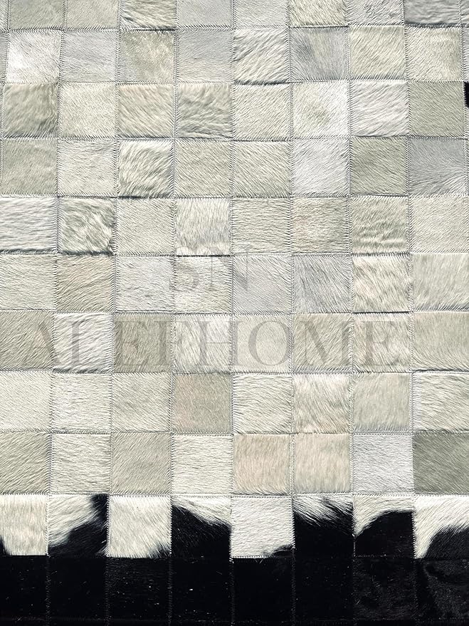 Round Geometric Patchwork Cowhide Leather Area Rug | Washable Non-Slip Carpet for Living Room, Bedroom & Home Décor(9x9 ft_White & Black)