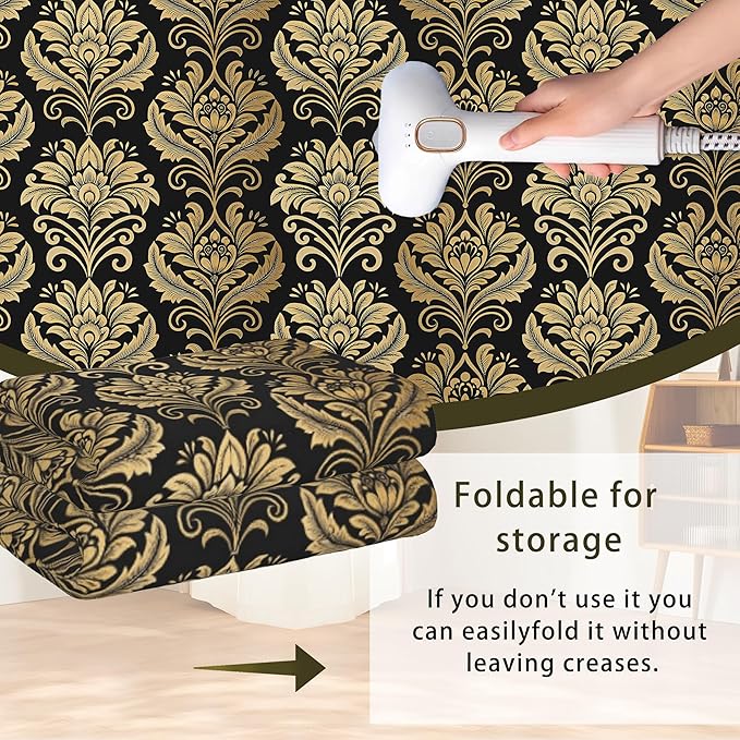 Black Damask Flower Golden Carpet for Living Room, 5x7 Non-Slip Washable Low Pile Abstract Design Rug, Space Saving Area Rug for Bedroom, Dining Room