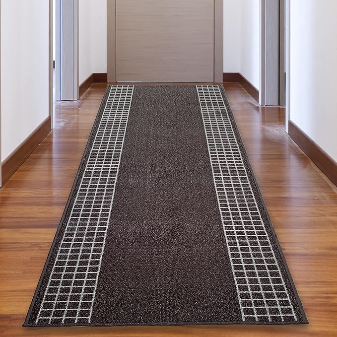 Custom Made Runner Rug for Kitchen Foyer Hallway Entry Choose Your Length 26 Inch Wide Geometric Checkered Design Brown Color (27 feet x 26 inch)