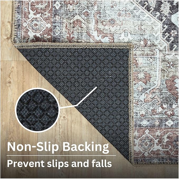 Bloom Rugs Washable Non-Slip 6' x 9' Rug - Charcoal/Brown Traditional Medallion Area Rug for Living Room, Bedroom, Dining Room, and Kitchen - Exact Size: 6' x 9'