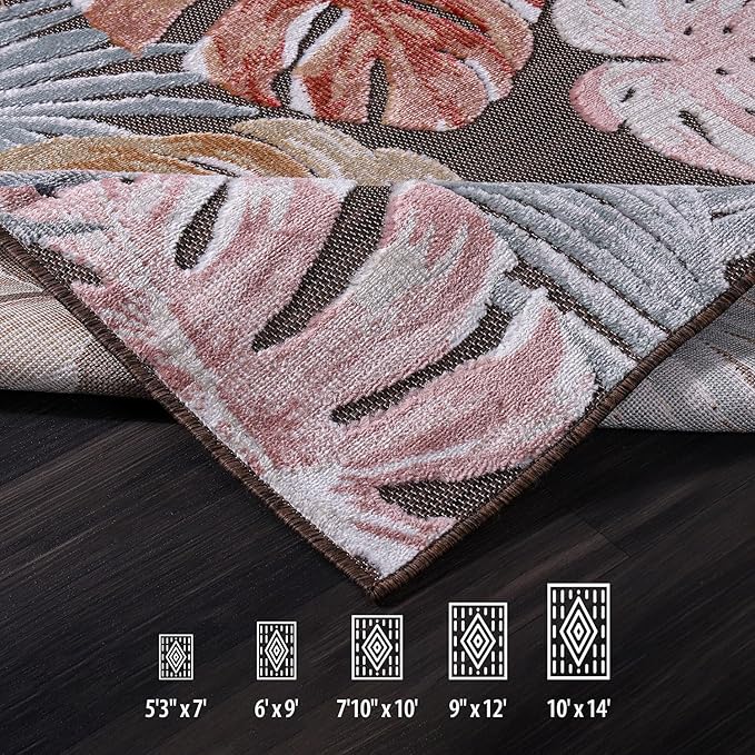 CAMILSON Indoor Outdoor Rug, Brown 5x7 Leaf Tropical Botanical Area Rugs for Indoor and Outdoor patios, Easy-Cleaning Non-Shedding Living Room, Garden and Kitchen Washable Outside Carpet (5 x 7)