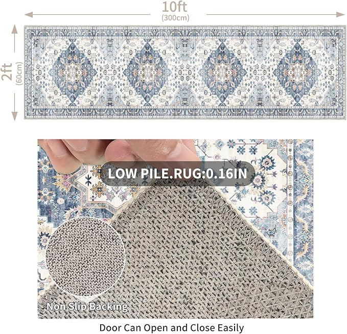 Enkor Runner Rug for Hallway, 2x10 Washable Soft Non Slip Floor Rugs for Kitchen, Modern Mat for Living Room Bedroom Entryway Blue & White