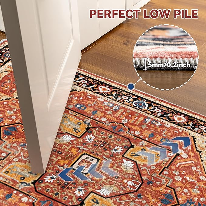 EnHomee 3x5 Washable Area Rugs for Bedroom, Boho Vintage Rugs, Foldable Area Rug for Dining Room, Non-Slip Soft Living Room Rug, Low Pile Large Carpet for Bathroom, Red