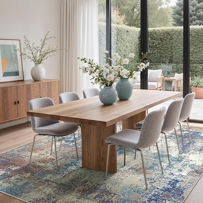 8x10 Area Rugs Washable Blue Rug for Living Room Bedroom, Abstract Modern Large Rug Non Slip, Water Repellent Low Pile Soft Carpet for Dining Room, Blue Rust