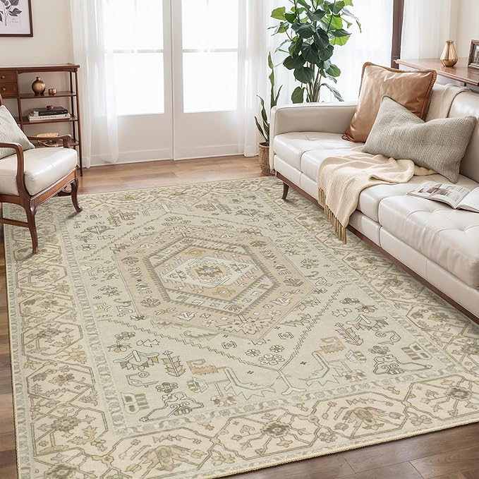 SERISSA 5x7 Boho Area Rug, Washable Non-Slip Rugs for Living Room, Large Beige Rug Ultra Soft Vintage Farmhouse Print Distressed Carpet for Bedroom Dining Room Dorm Office Home Decor