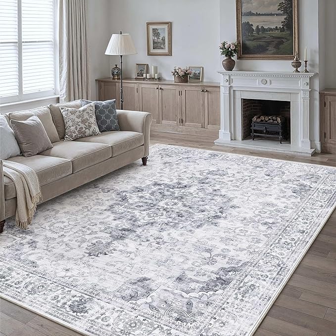 HUGEAR Washable 6x9 Area Rugs Retro Grey Living Room Bedroom Rug Vintage Distressed Non Slip Stain Resistant Low Pile Neutral Throw Carpet for Home Decor