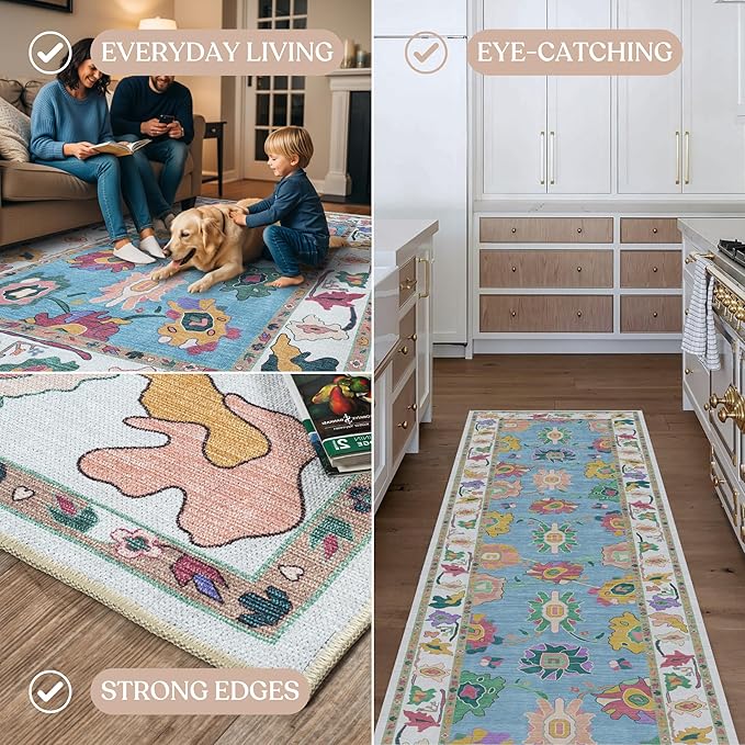 Fame Living Colorful Oushak Rug, Modern, Vintage, Turkish, Eclectic, Floral, Pastel, Washable, Extra Large Area Rugs for Living Room, Dining, Bedroom, Lounge, 9'x12'