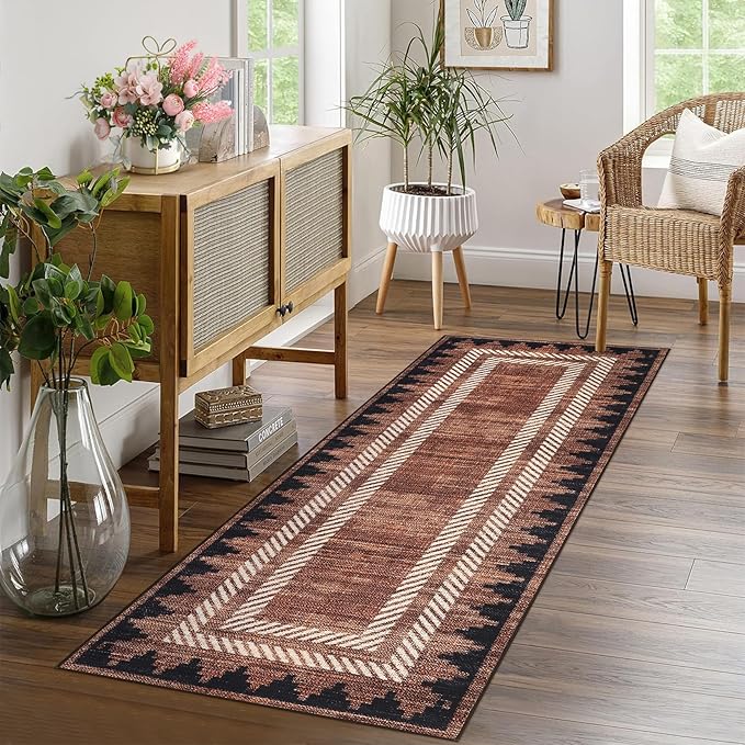 Modern Bordered 2x6 Kitchen Runner Rugs Non Slip Washable Geometric Non-Shedding Carpet for Entryway Hallway Foldable Soft Stain Resistant Low Pile Rug for Dining Room Bedroom, Brick Red