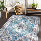 COMSLE Area Rug 3x5 Faux Wool Rugs for Kitchen, Boho Washable Throw Rugs Non-Slip Distressed Carpet Soft Accent Floor Rug for Bedroom, Living Room, Laundry Room (Light Blue)