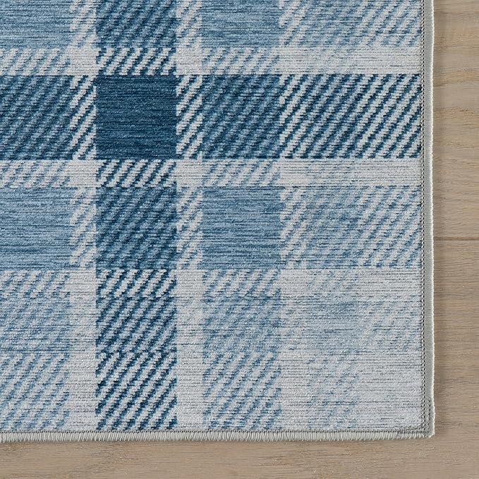 Dash & Albert Andri Plaid Blue Machine Washable Rug, 6 X 9 Feet, Blue/White Plaid Pattern