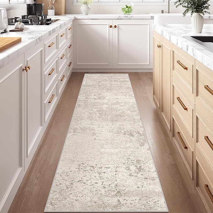 Art&Tuft Non-Slip Runner Rug - 2.5x8 Runner Rug Washable Low-Pile Rugs Runners, Soft Distressed Carpet Runner for Bedroom Bathroom Kitchen Laundry Living Room, Beige