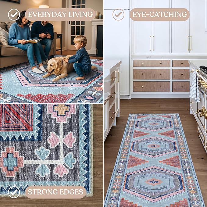 Fame Living Washable Area Rug. Modern Farmhouse. Vintage. Turkish. Bohemian. Distressed. Oriental. Traditional. Rugs for Living Room. Dining. Bedroom. Office. Entryway. Foyer. (856BlM, 2'5" x 6'5")