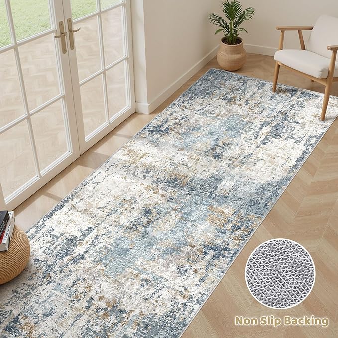 Runner Rug Non Slip Rugs: 2x6 Hallway Kitchen Washable Abstract Soft Modern Stain Resistant Indoor Floor Neutral Accent Throw Carpet for Bathroom Laundry Room Entryway Bedroom- Blue