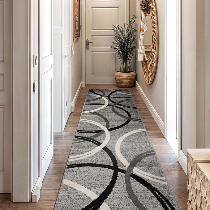 Rugshop Wavy Circles Design Runner Rug, Fade-Resistant Carpet for Hallway, Kitchen, or Entryway, Gray, 2' x 10'